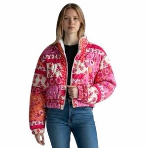 NWT AS Revival/Altar’d State Pink and Orange Patchwork Cropped Puffer Jacket